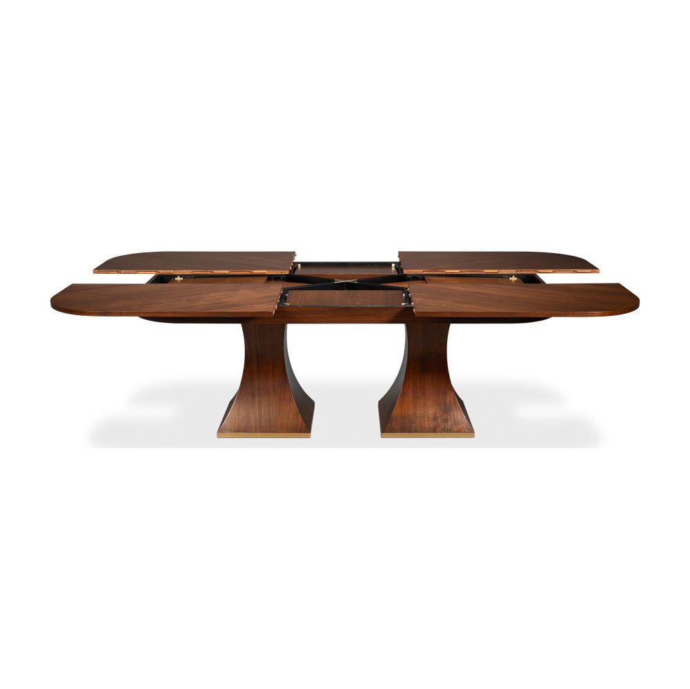 Rectangular walnut table frame exposed, leaves opening.