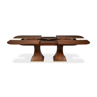 Rectangular walnut table frame exposed, leaves opening.