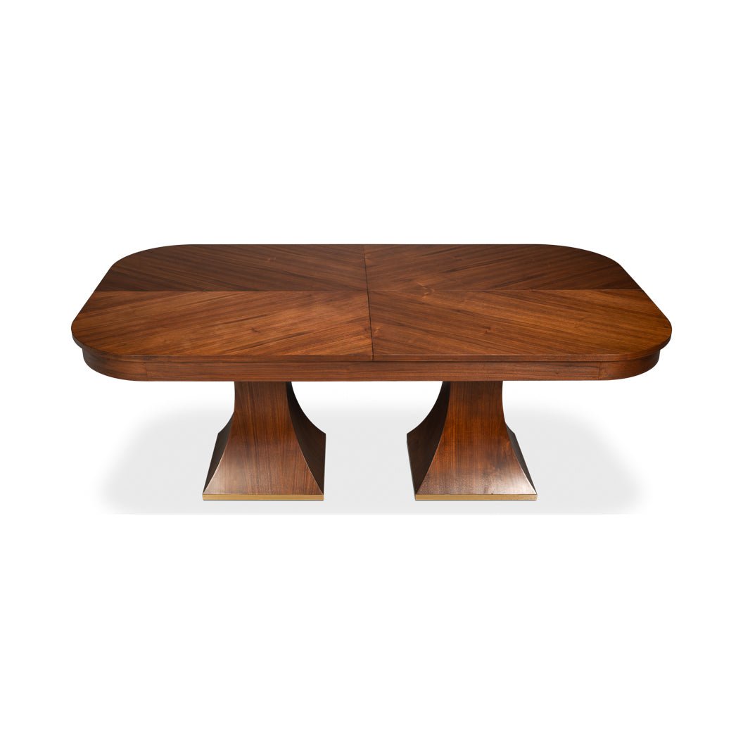 Rectangular walnut table top view, closed position.