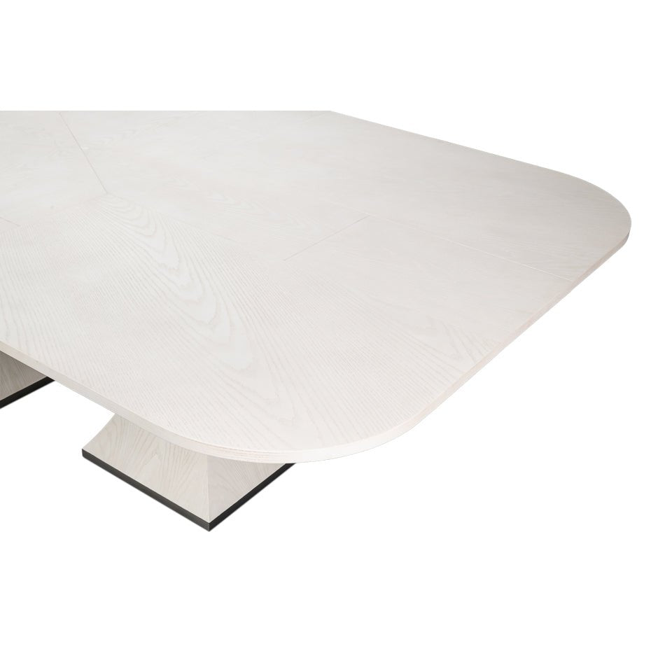 Close-up of the dining table's corner and surface texture.