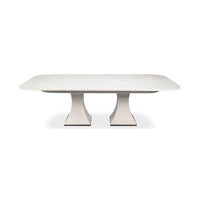 Front view of a rectangular white dining table.