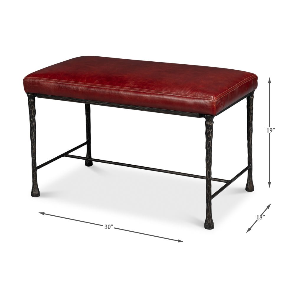 Dimensions and angled view of red leather rustic bench.
