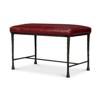 Side view of rustic bench showing iron legs.