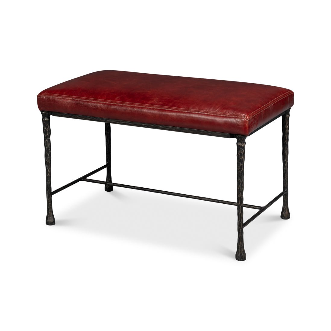 Rustic small bench angled view with red leather seat.