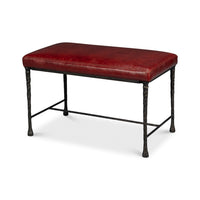 Rustic small bench angled view with red leather seat.