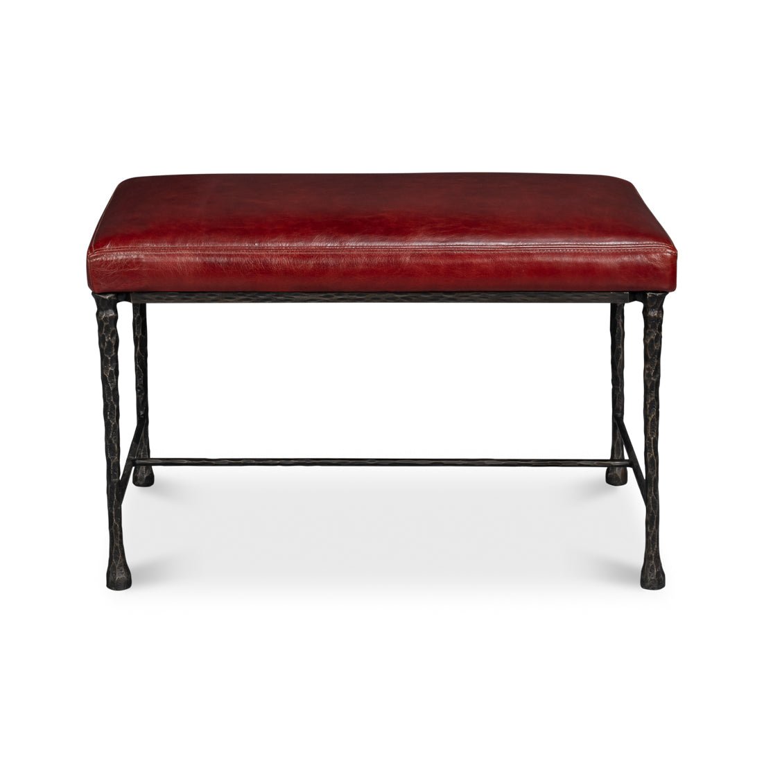 Front view of rustic small bench with red leather.