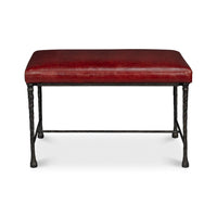 Front view of rustic small bench with red leather.