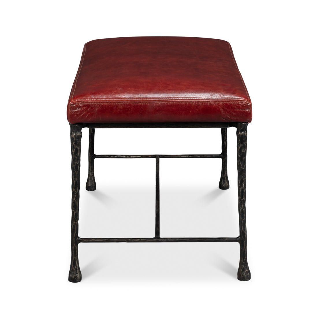 End view of red leather rustic small bench.