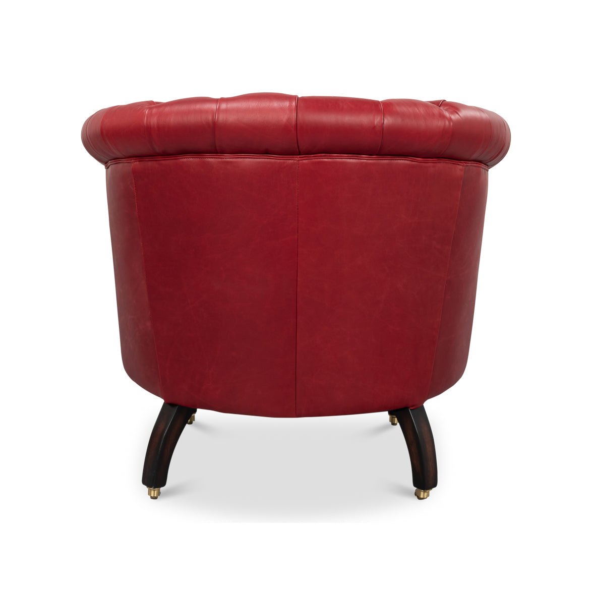 Red leather barrel back chair back view.