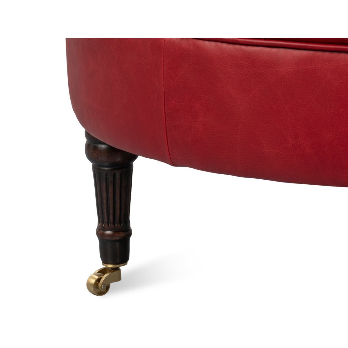 Red leather chair wooden leg with caster wheel.