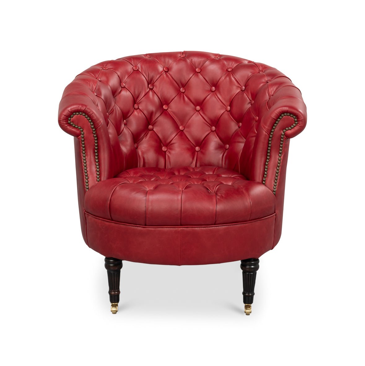 Red leather barrel back chair front view.