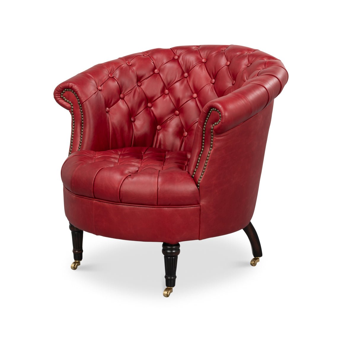 Red leather barrel back chair three-quarter view.