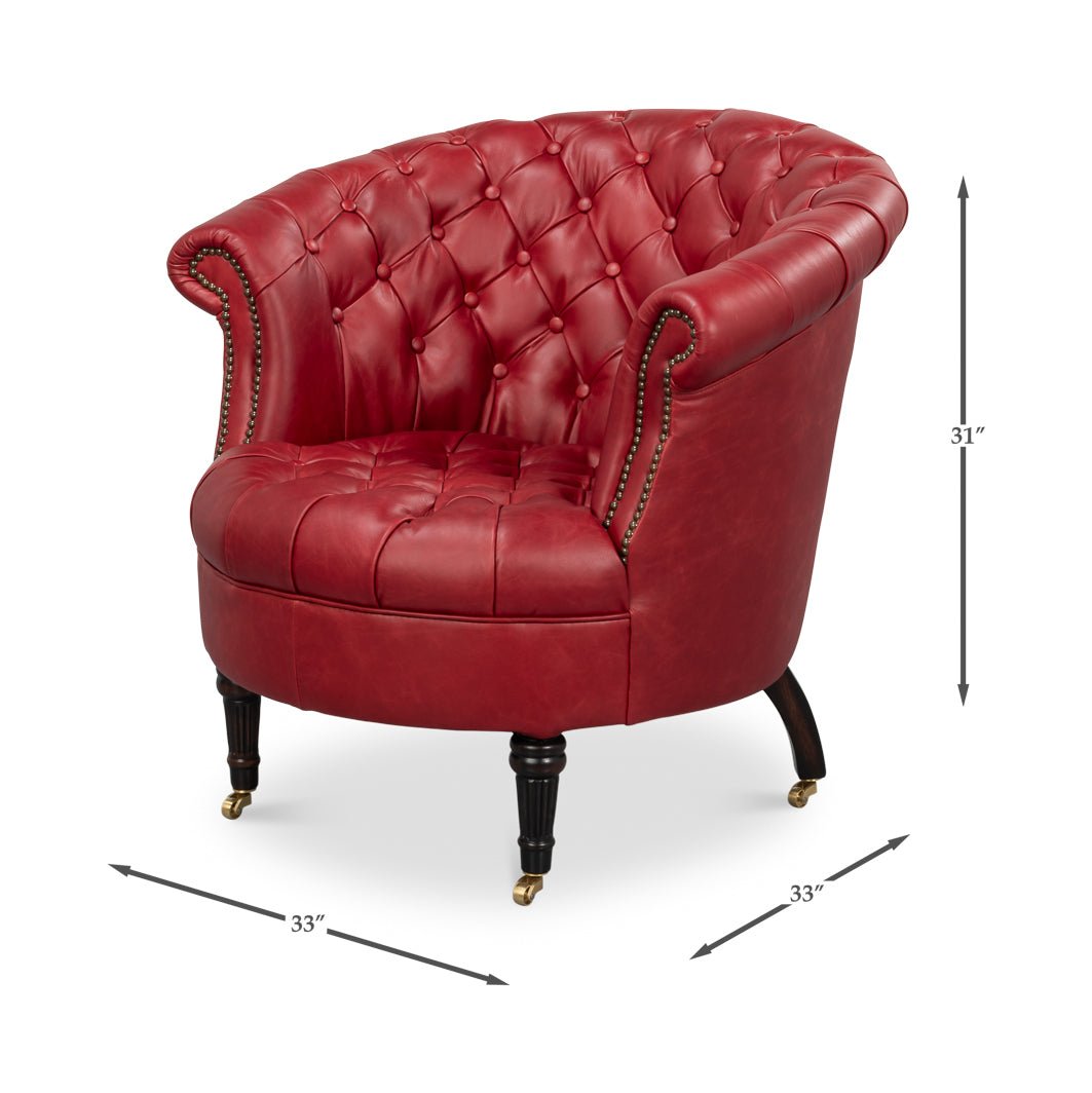 Red leather barrel back chair with dimensions shown.