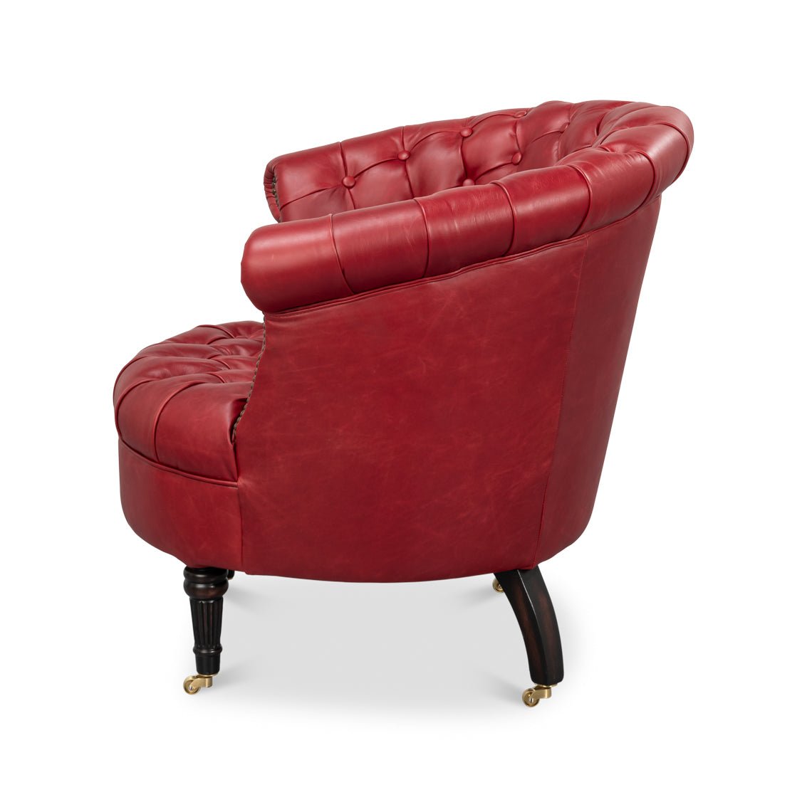 Red barrel back chair left side view.