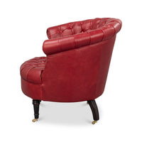 Red barrel back chair left side view.