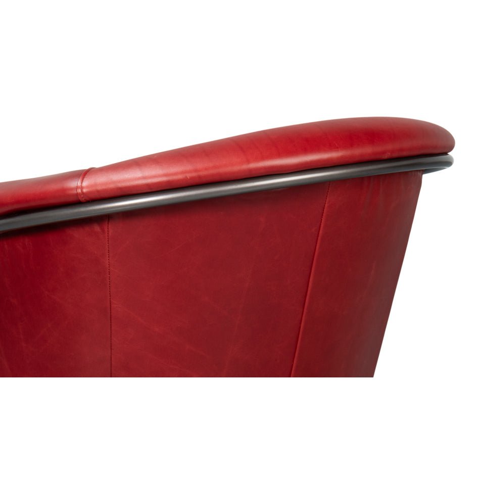 Close-up back edge detail red leather chair.