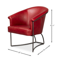 Red leather tub chair with dimensions shown.