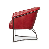 Red leather tub chair side profile.