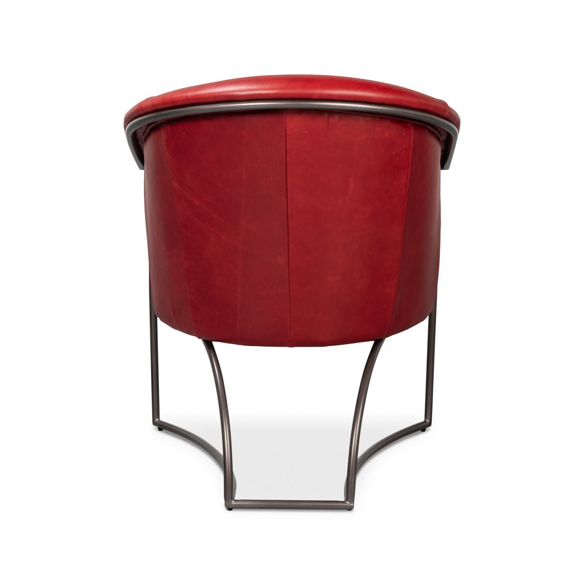 Red leather tub chair back view.