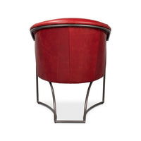 Red leather tub chair back view.