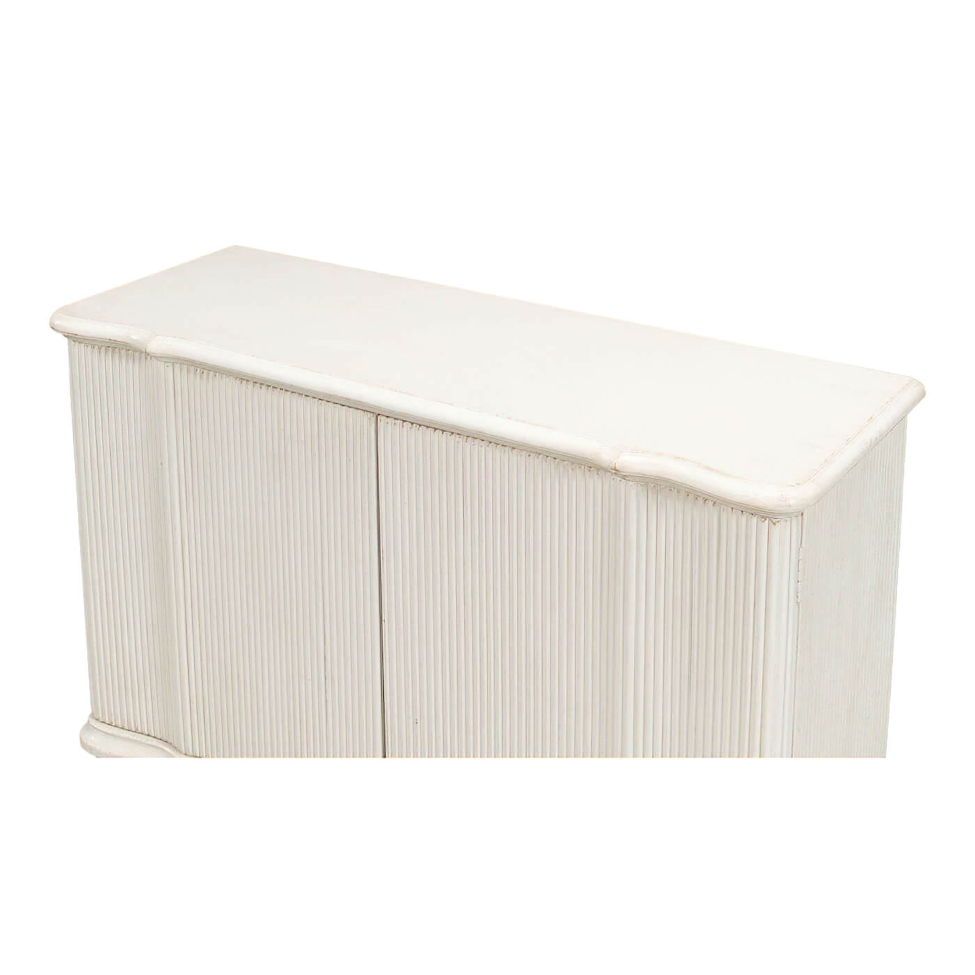 Top and front view, reeded antique white cabinet details.