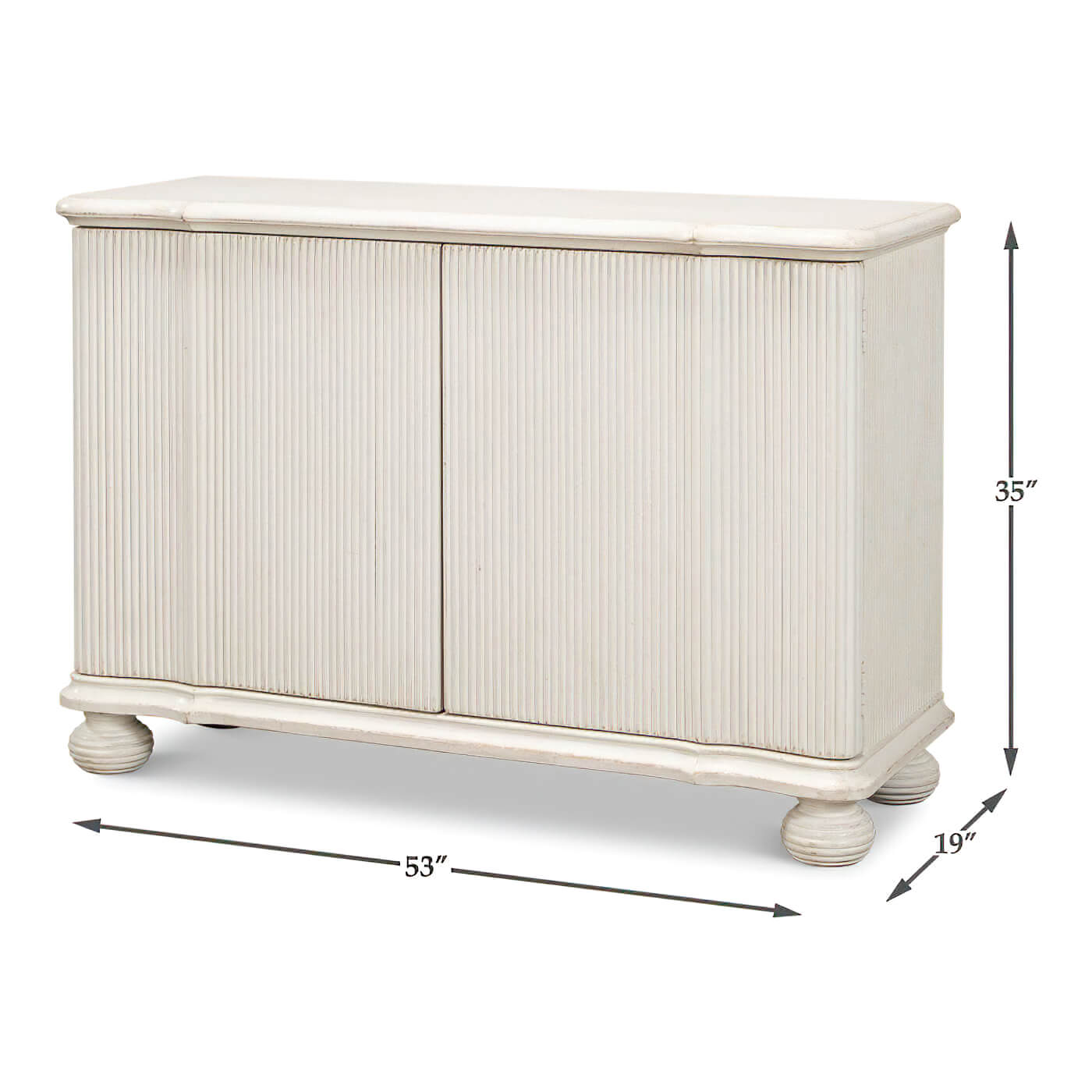 Dimensions shown on reeded antique white cabinet, full view.