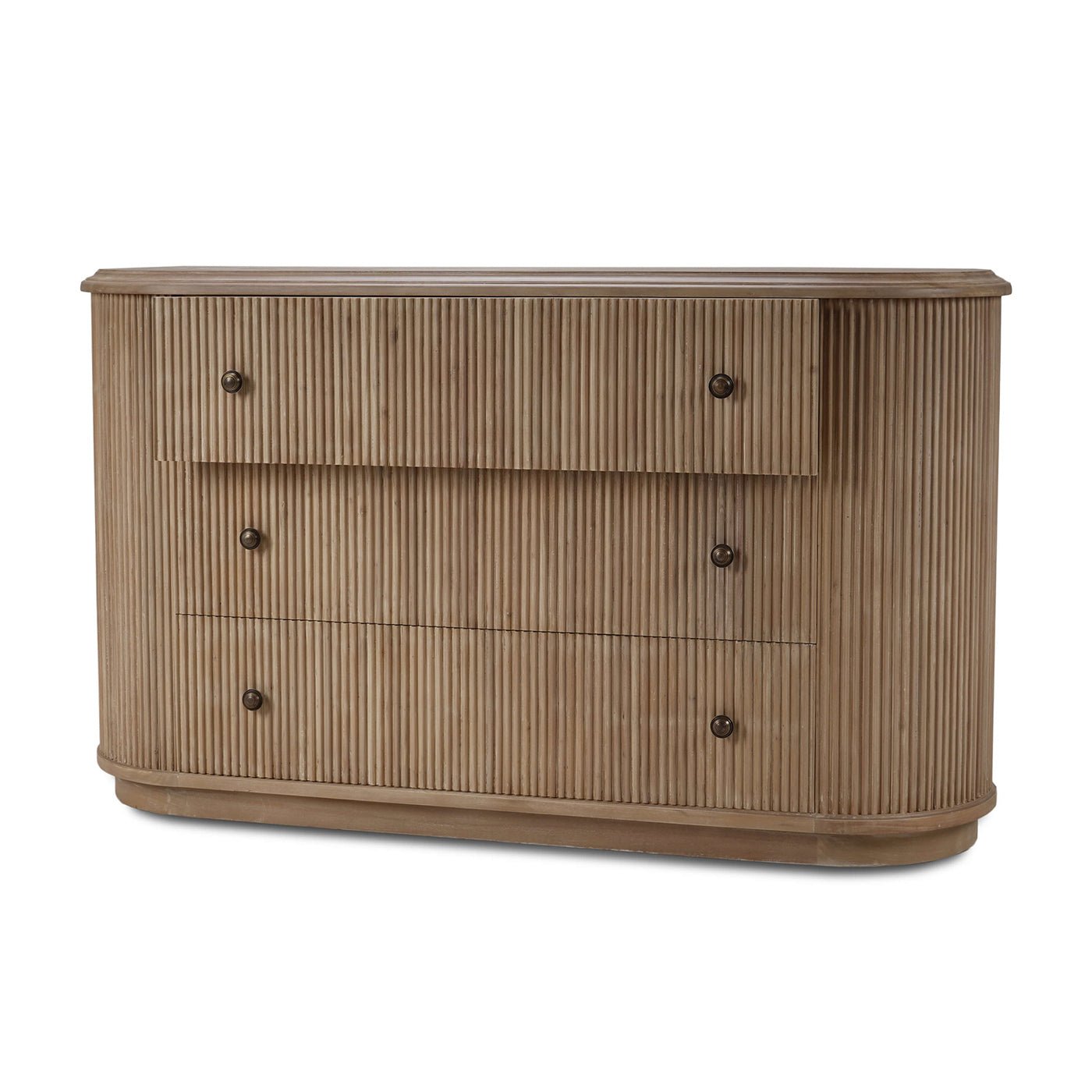 Dresser with top drawer slightly open, angled view.