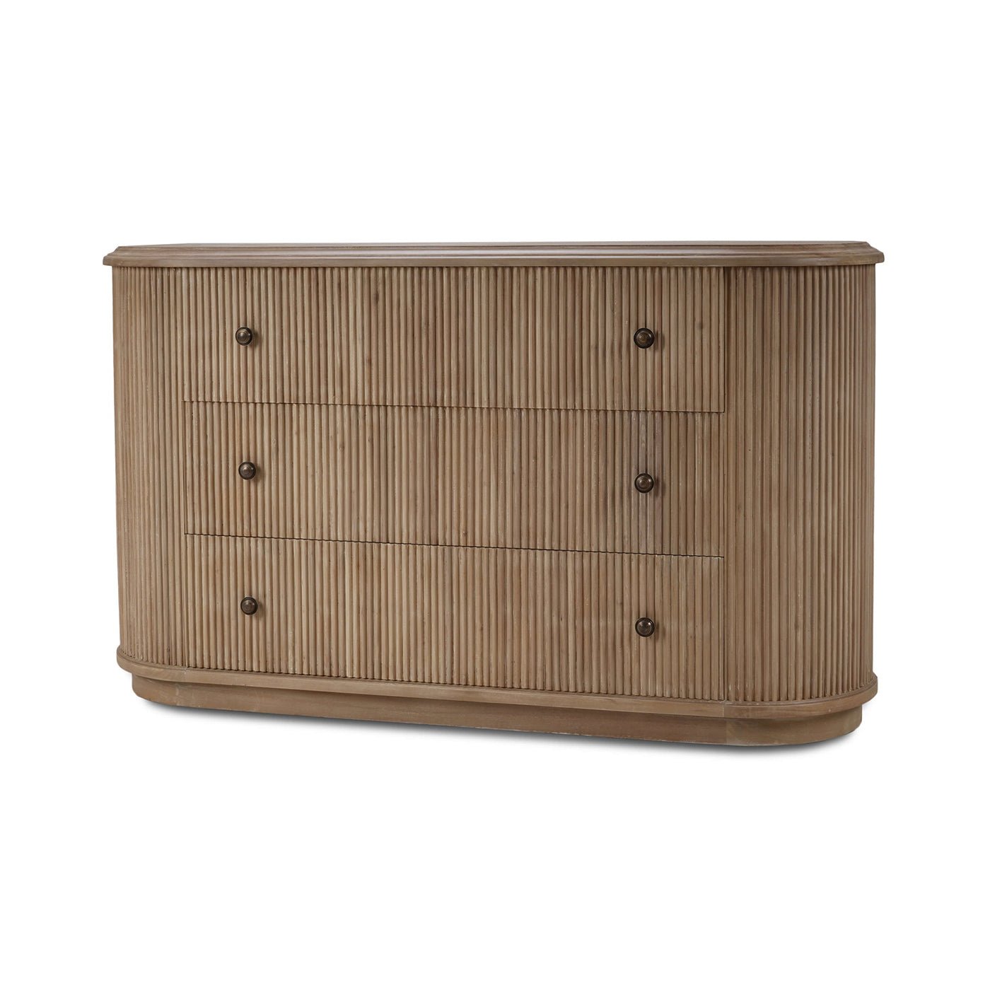 Oval dresser at an angle, three visible drawers.