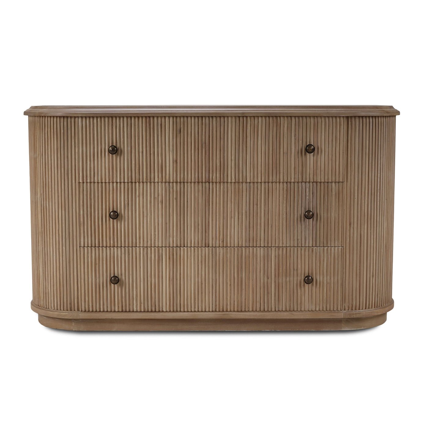 Front view of reeded mahogany oval dresser, all drawers closed.