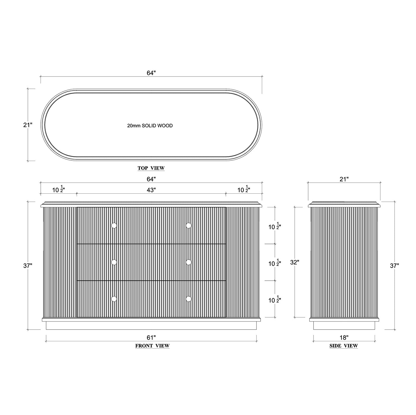 Diagram with dimensions of reeded mahogany dresser.