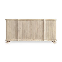 White washed buffet cabinet front view with closed doors.
