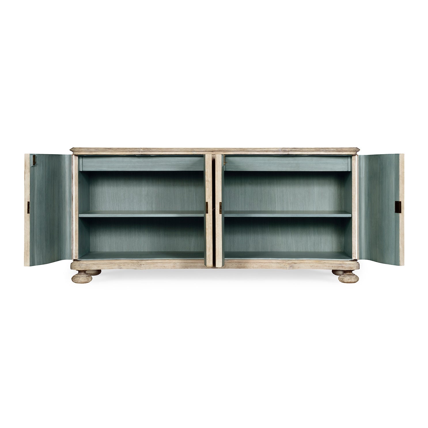 Interior view of buffet cabinet with shelves and open doors.