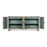 Interior view of buffet cabinet with shelves and open doors.