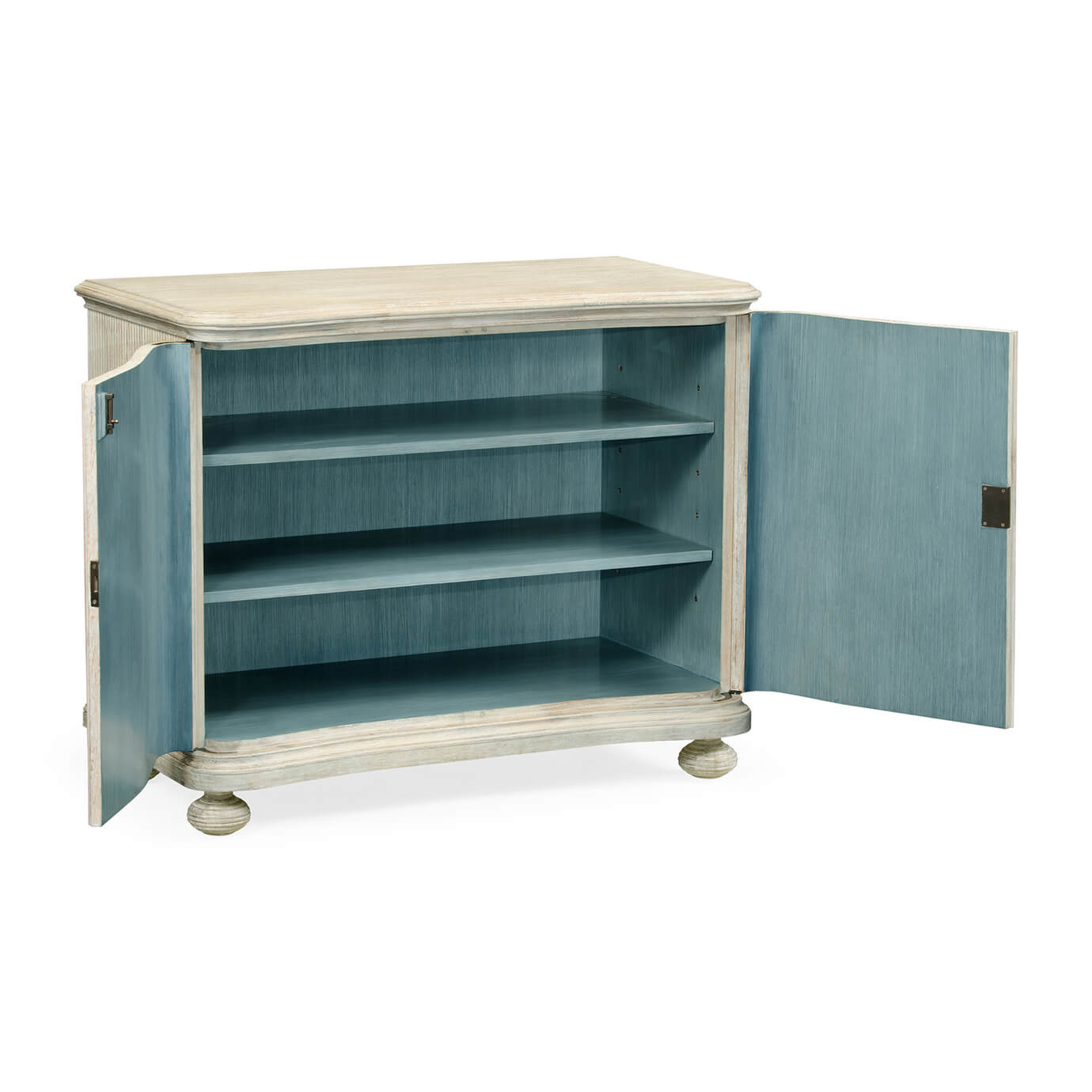 Reeded cabinet with blue interior, open doors.