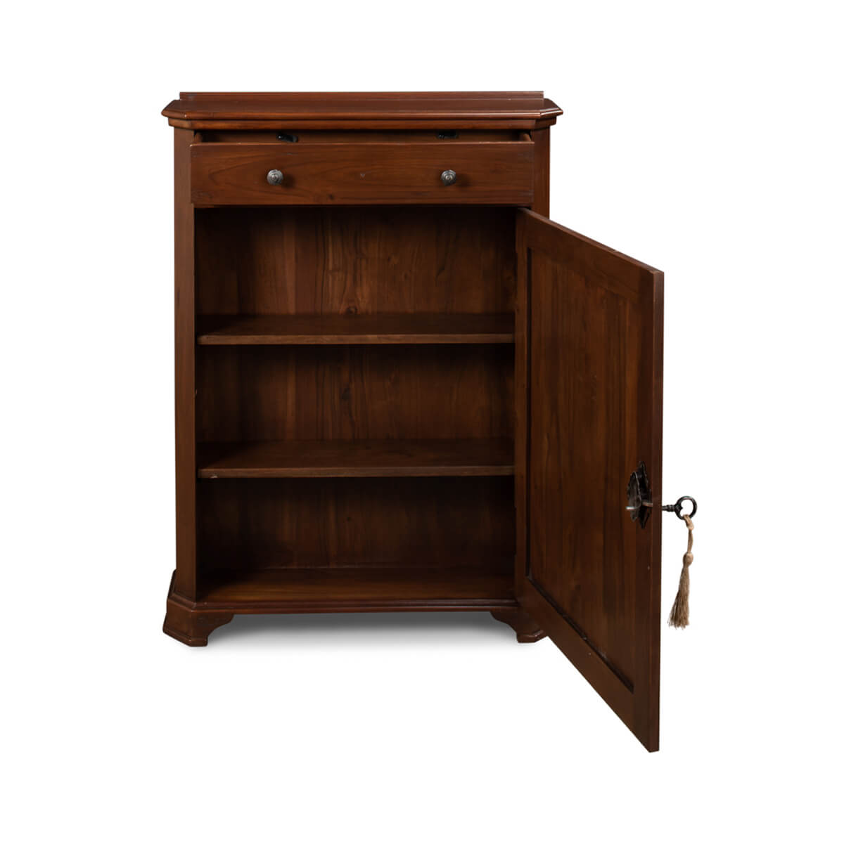 Open cabinet showing shelves inside walnut side cabinet.