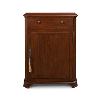 Front view of walnut side cabinet with drawer.
