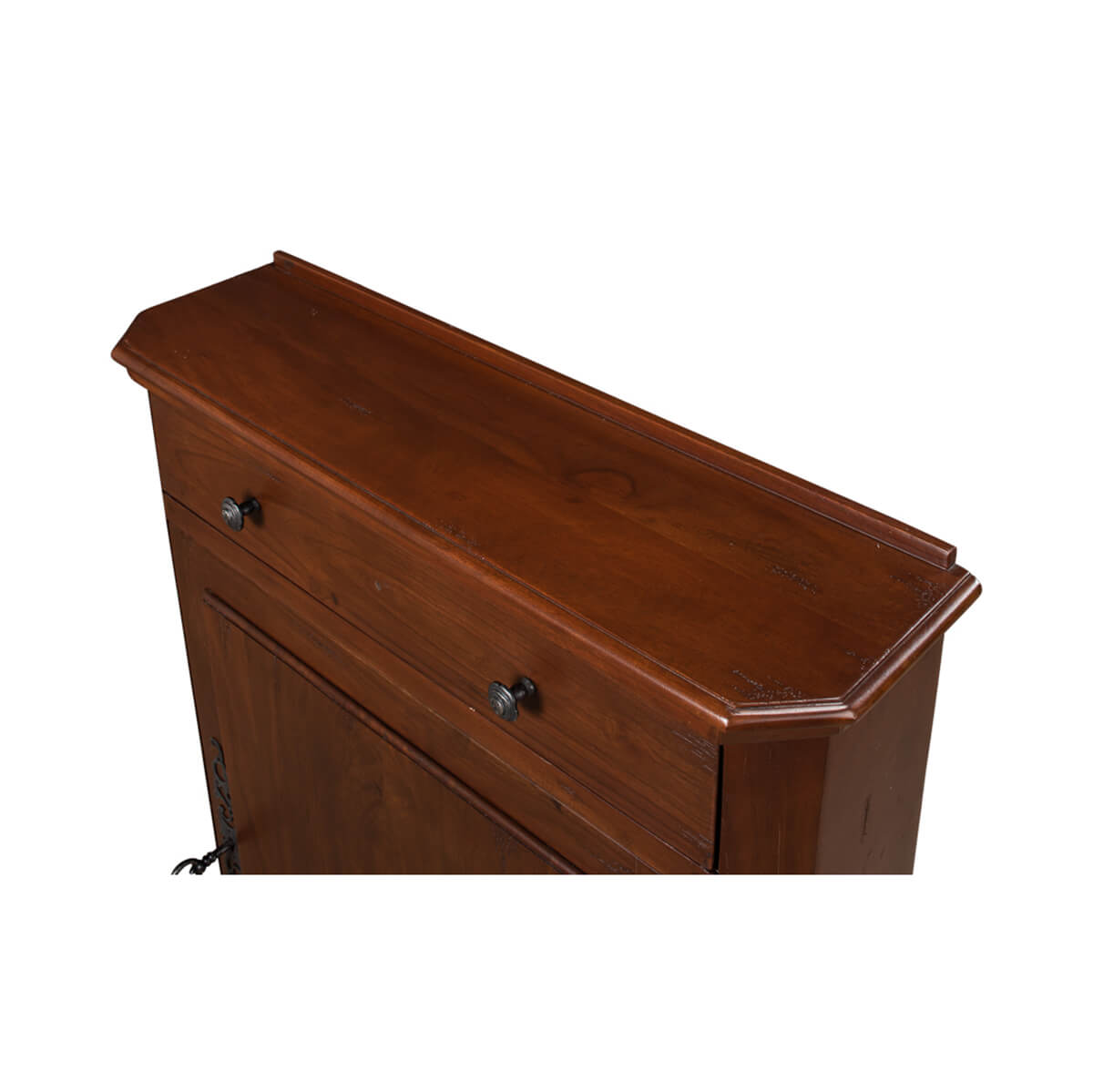 Top view of walnut side cabinet with drawer handles.