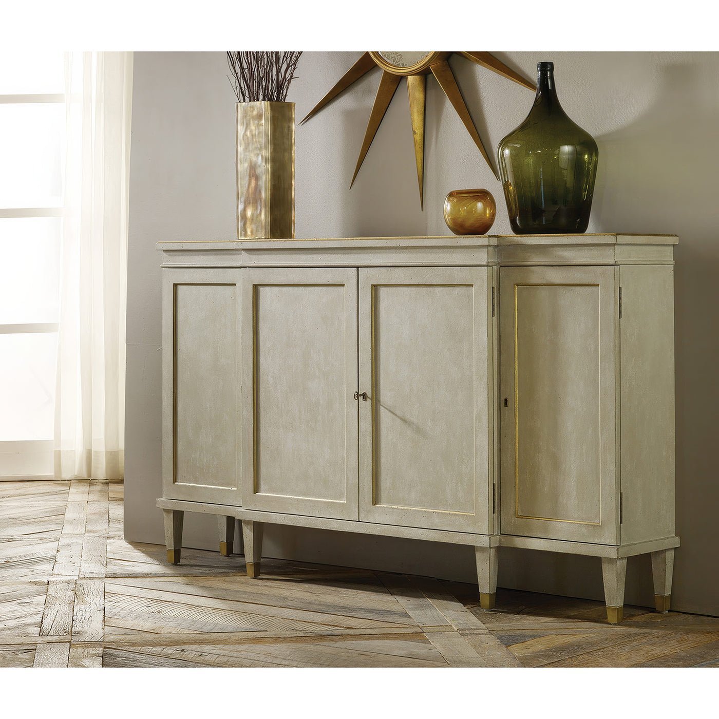Regency credenza styled in a modern living room.