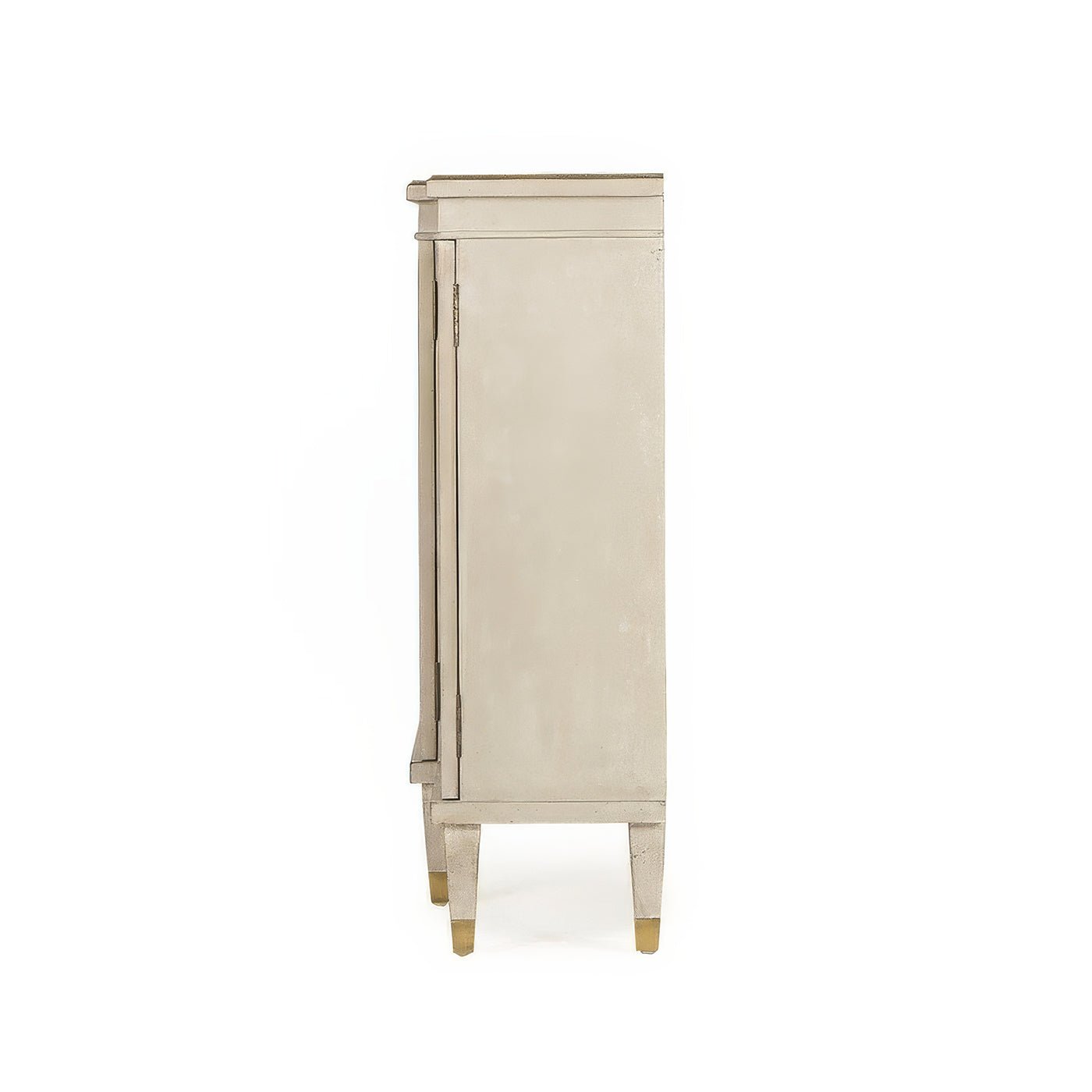 Side profile of Regency Antiqued Gray Painted Credenza.