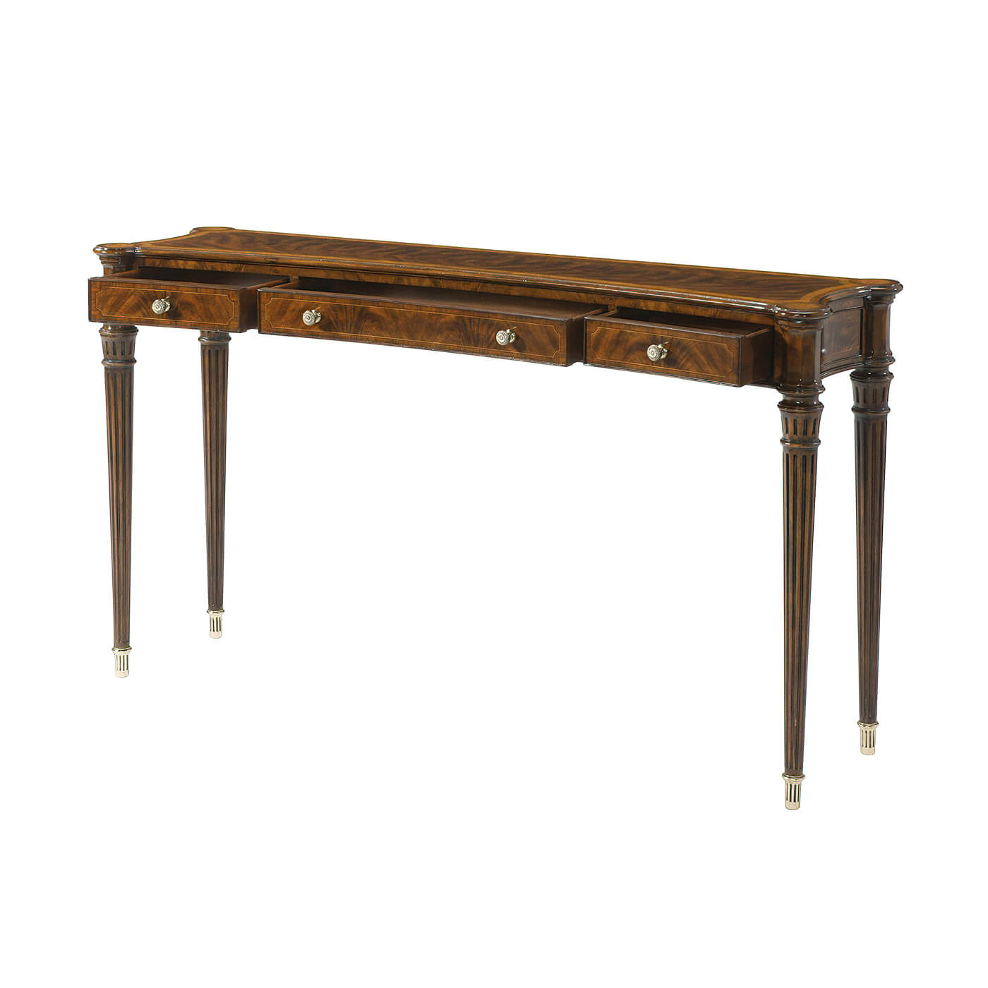 Open drawers of Regency console table.