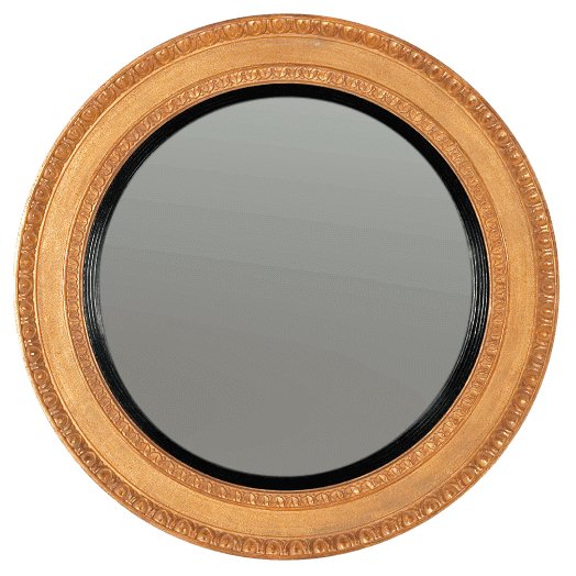 Gold round convex mirror with decorative molding.