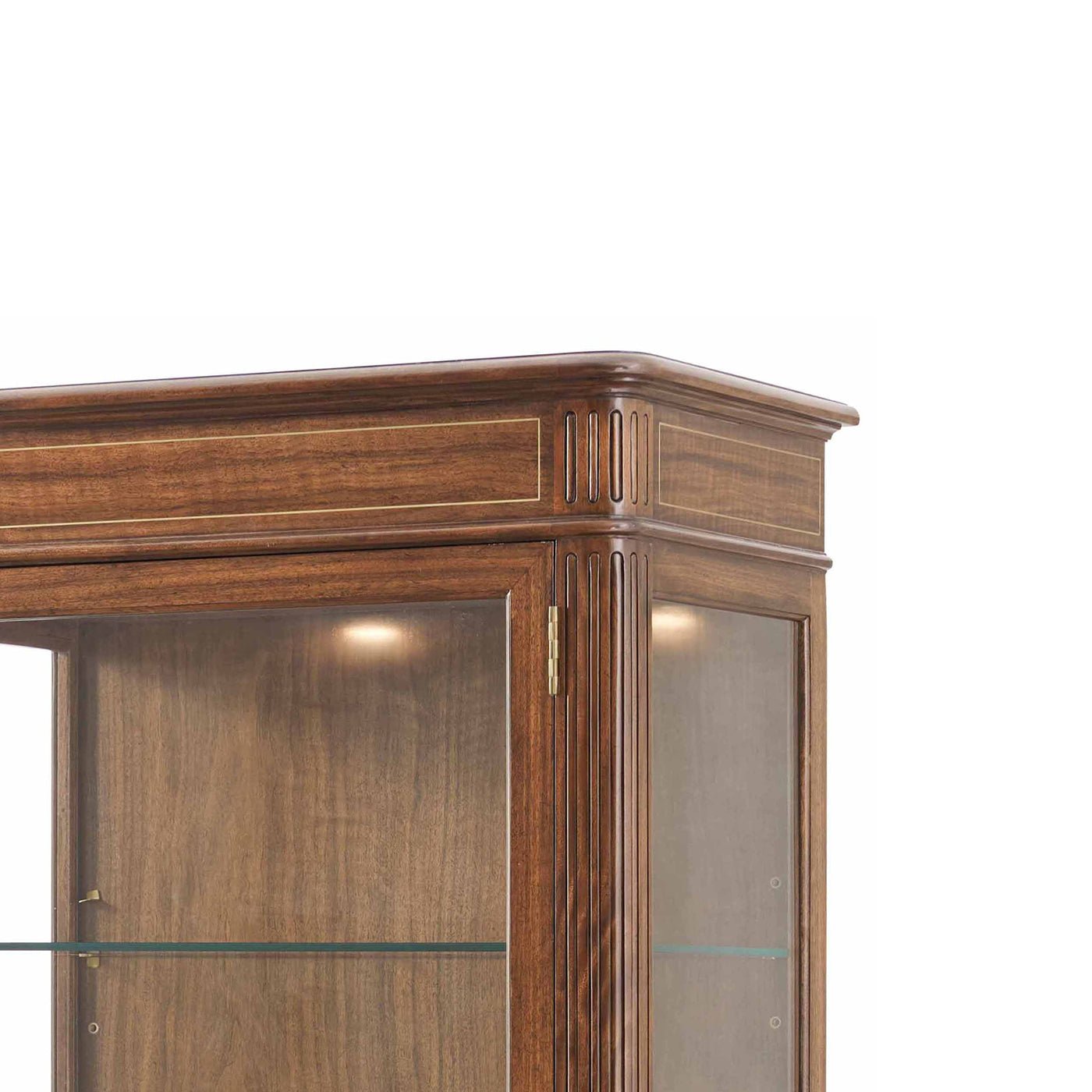 Close-up top section of wood display bookcase design.