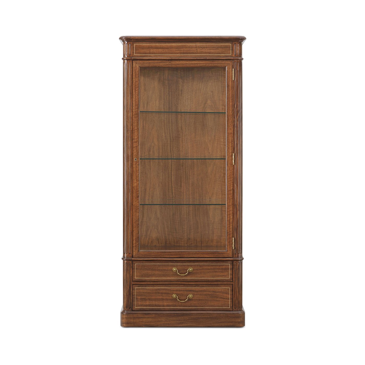 Front view of wooden display bookcase with glass shelves.