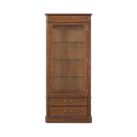 Front view of wooden display bookcase with glass shelves.