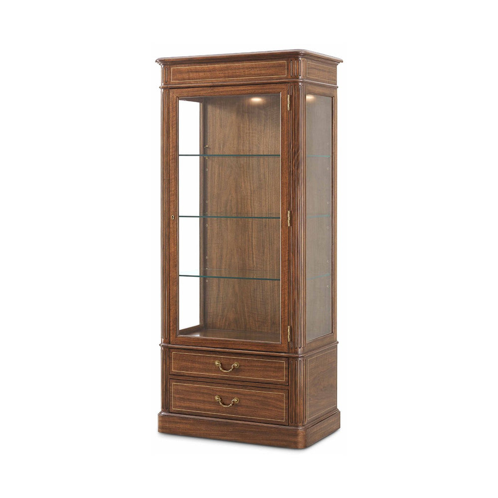 Wood display bookcase with glass shelves and drawers.