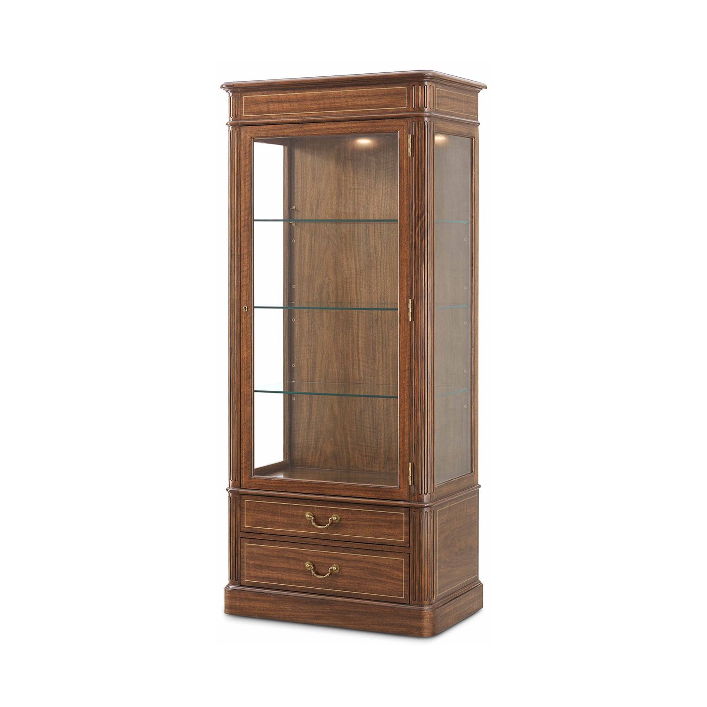 Wood display bookcase with glass shelves and drawers.
