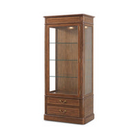 Wood display bookcase with glass shelves and drawers.