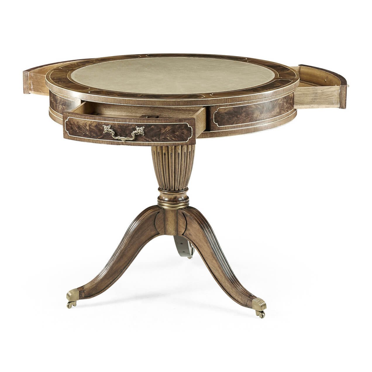 Regency drum end table with open drawers.