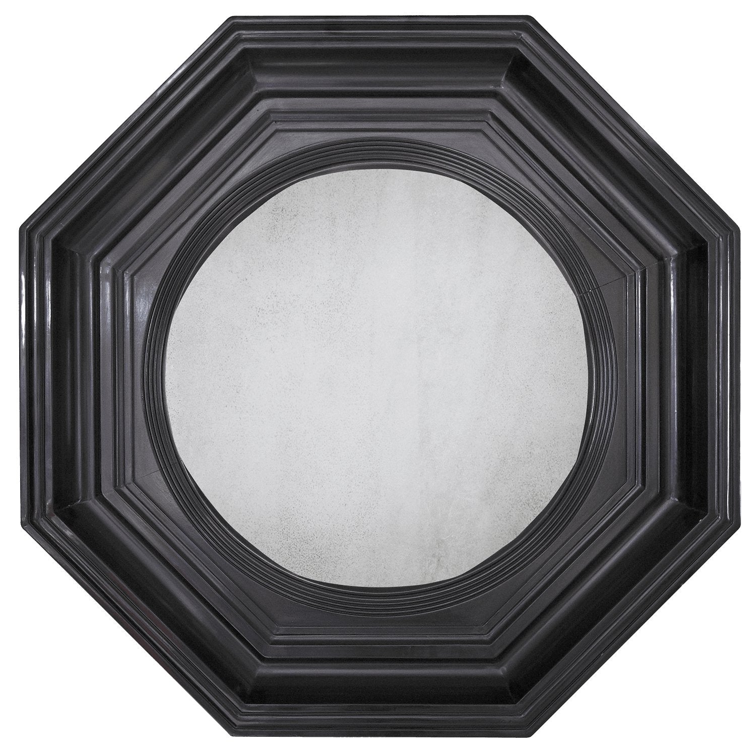 Octagonal convex mirror with ebonized frame design.