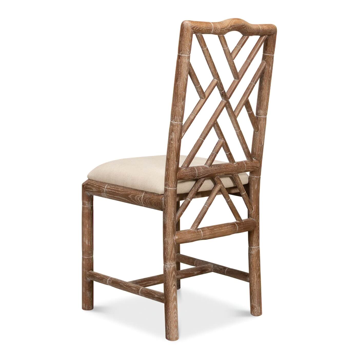 Back angled view, side chair with faux bamboo design.